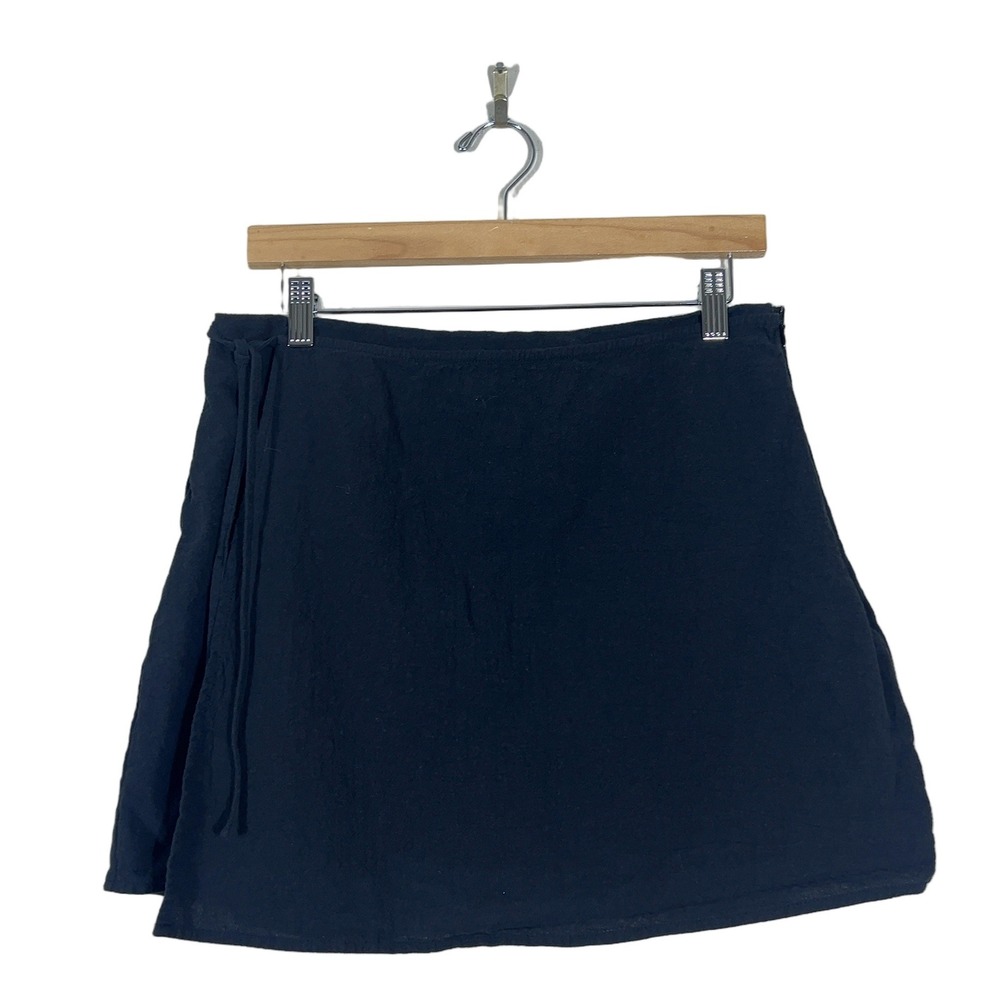 NWT Cider Wrap Solid Mini Skirt Black Minimalist Side Tie Cotton Size L